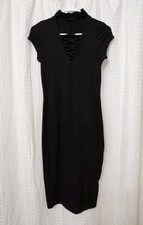 iris Black Knit Bodycon Dress Medium Short Sleeve Midi
