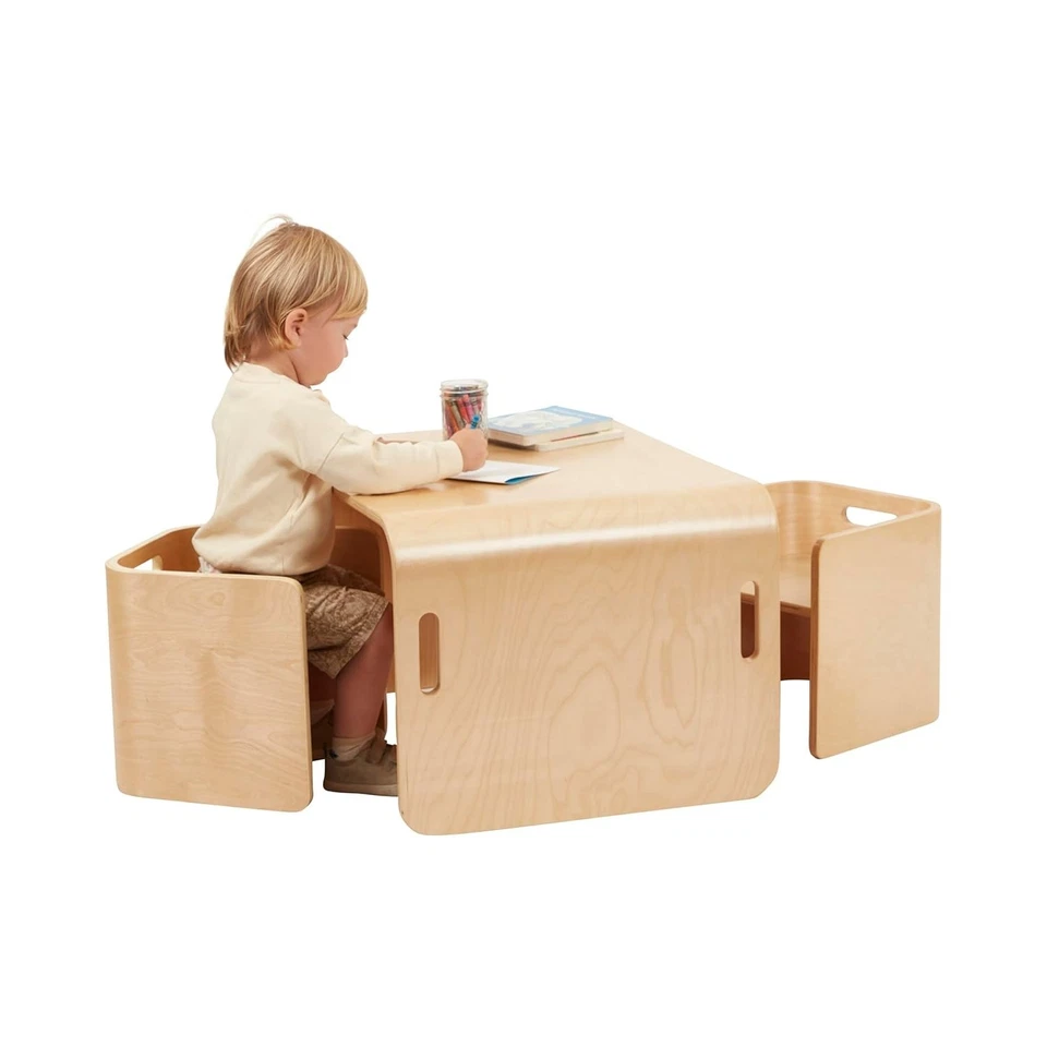 Juego de mesa y silla multiusos de madera curvada, muebles para niños, natural, 3 piezas Foto 2 de 4