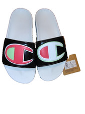 New Champion Women's Super Slide Black/Rainbow Split Script Sandals 7