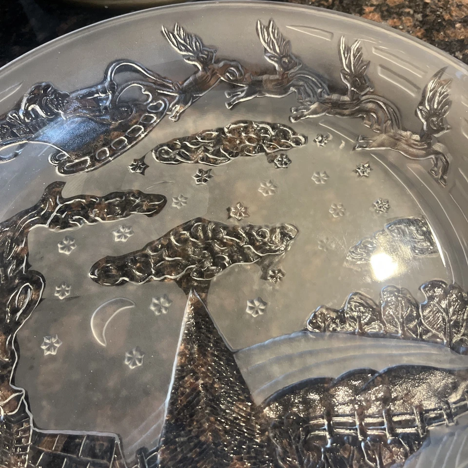 КРИСТАЛЬНО ПРОЗРАЧНЫЙ «Ночь перед Рождеством» 13» блюдо Санта сани оленей дома - Изображение 2 из 4