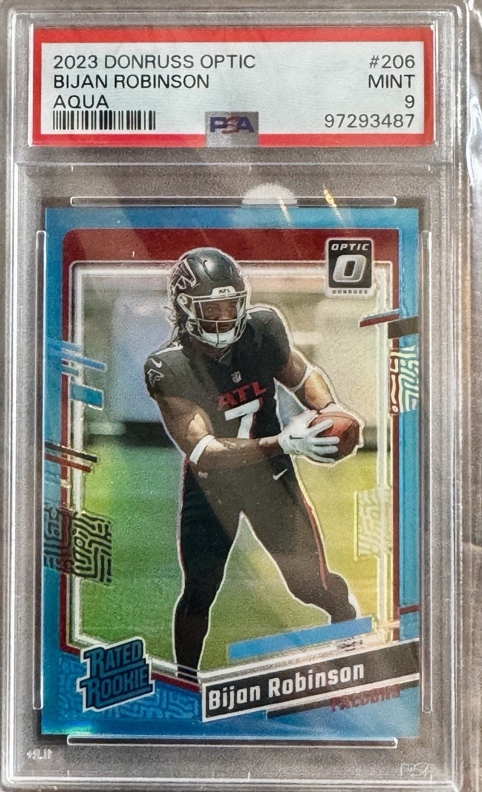 2023 Panini Donruss Optic Rated Rookie Bijan Robinson #206 Aqua /299 PSA 9 RC