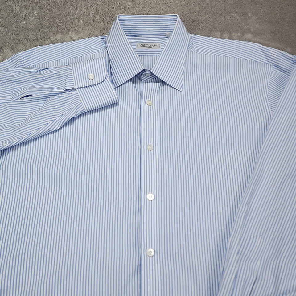 Camisa Charvet Para Hombre Grande Azul Blanco Rayas Vestido Botón Delantero Hecha en Francia Foto 2 de 4