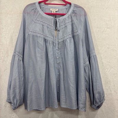 Laura Ashley Blouse Top 3X Blue Lyocell Crochet Lace Flowy Balloon Sleeve NEW
