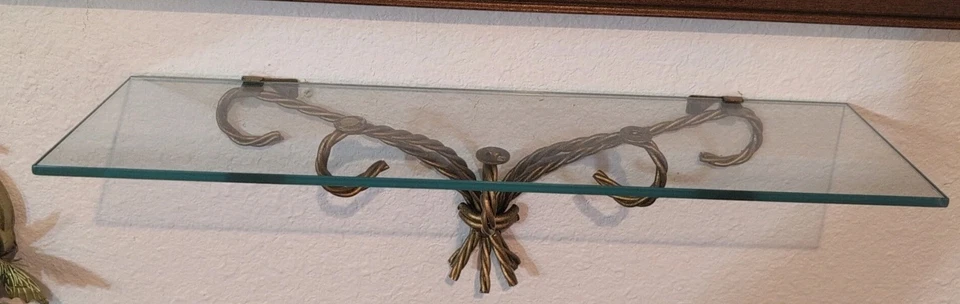 Set 2 VTG Brass/Metal Rope & Glass Wall Mount Shelf Hollywood Regency 7"&17.5" - Image 3 of 4