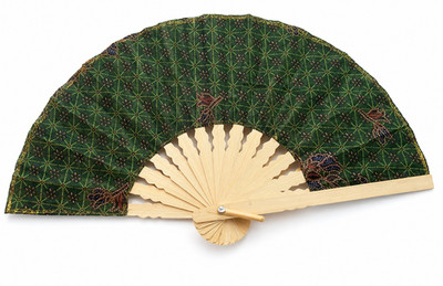 Handmade Green Bamboo Folding Fan Thai Batik Cloth Summer Hand #2026060105