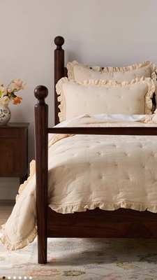 Anthropologie Naomi Cotton Linen Blend Ruffle Soft Quilt Tan Neutral Queen NEW