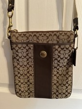 COACH BROWN SIGNATURE JACQUARD NORTH SOUTH LEATHER SWINGPACK CROSSBODY