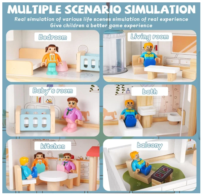 Wooden Dollhouse for Girls with Furniture Accessories DIY Playset  3 Figurines - Image 3 of 4