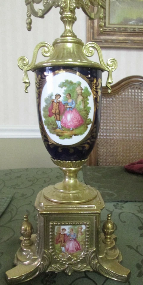 Limoges Two 5 Stick Candelabra Gilded Brass Blue Sevres Porcelain quartz clock - Image 4 of 4