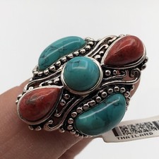 BBJ Turquoise Coral Sterling Silver Beaded Ring Size 7