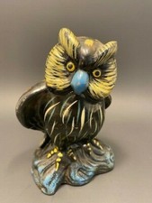 Vintage Coin Bank Ceramic Owl Retro black yellow blue Kitschy Piggy Bank