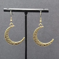 New Crescent Moon Pierced Earrings Embossed Pattern Bronze tone Dangle 1.25"