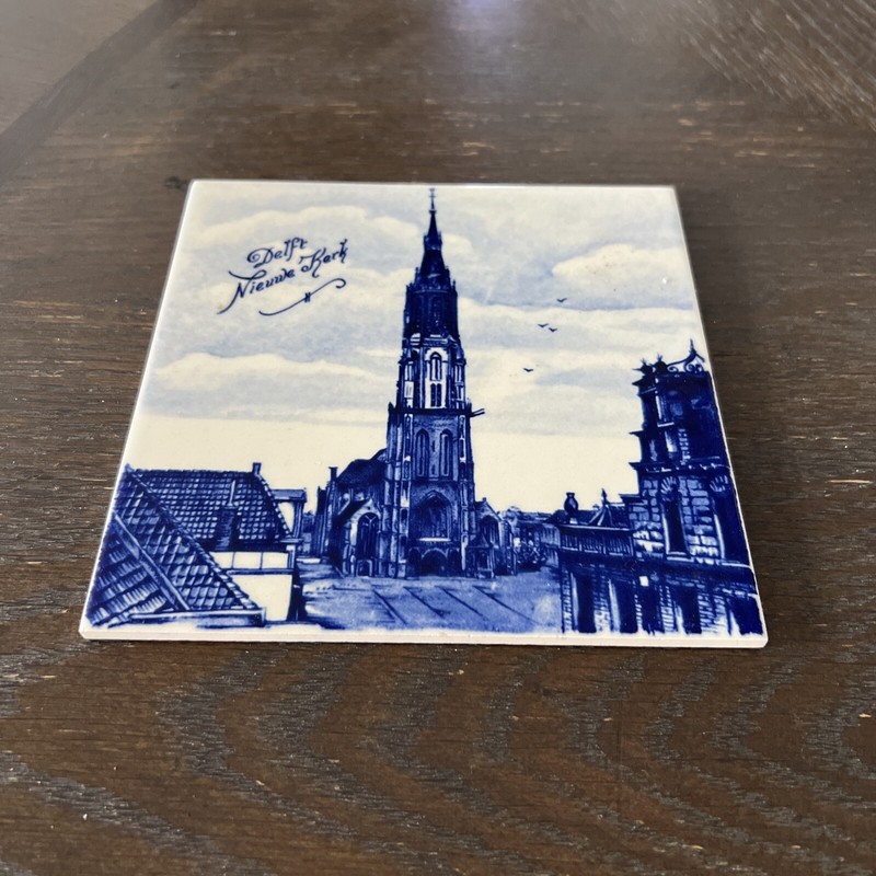 Delft Blue Hand Painted Nieuwe Kerk Cathedral Tile Trivet Blue White 6” x 6”