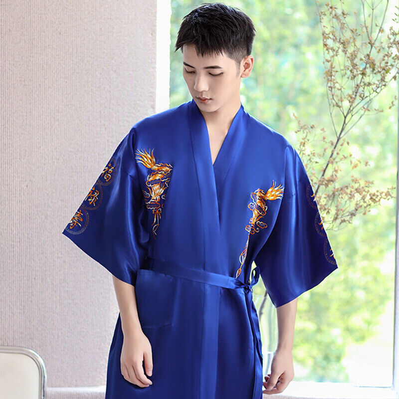 Men Summer Robe Chinese Silk Satin Sleep Robes Dragon Embroidery Sleepwear