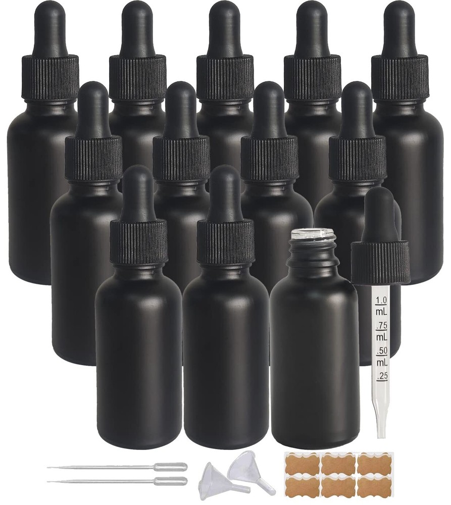 12 Pack 1oz Black Coated Glass Dropper Bottle,30ml Frosted Black Glass Bottle...