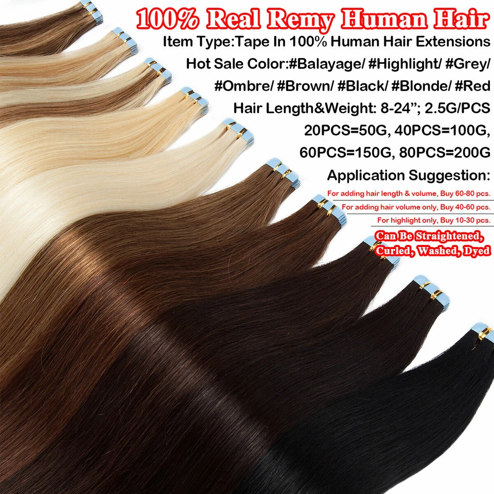 200G Tape In Remy 100% Real Human Hair Extension Full Head Skin Weft Balayage - Image 3 of 4