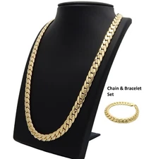 14k Mens Miami Cuban link Chain & Bracelet Set 10mm Gold Plated Necklace