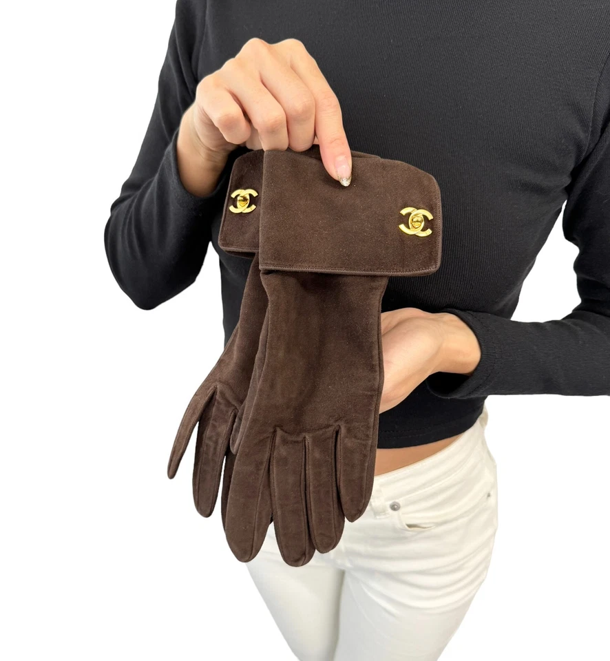 Guantes CC CHANEL Vintage Logo Turnlock #7 Marrón Dorado Gamuza Foto 4 de 4