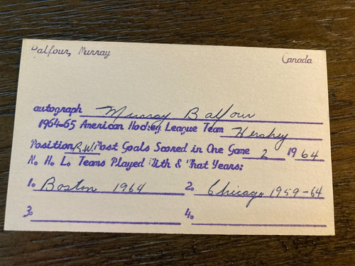 Murray Balfour Chicago Black Hawks signiertes Autogramm Hockey 3x5 Karteikarte