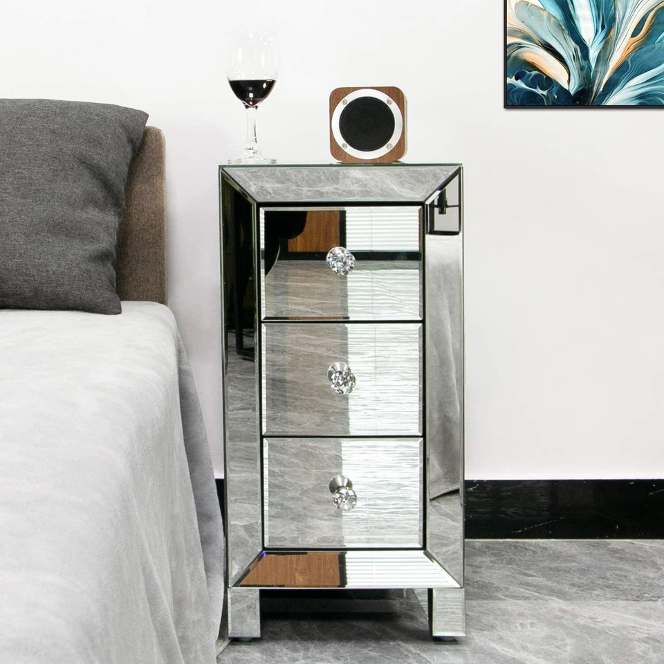 Mirrored Nightstand with 3 Drawer Modern Silver Finished End Bedside Table