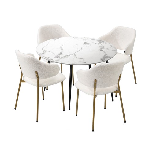 Oikiture 110cm Round Dining Table with 4PCS Dining Chairs Accent Sherpa Gold - Picture 10 of 10