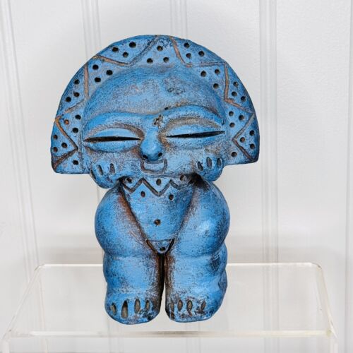 Taino God Art Clay Sculpture Taino Moon Goddess Turquoise Teal Sculpture 6” Vntg - Picture 2 of 9