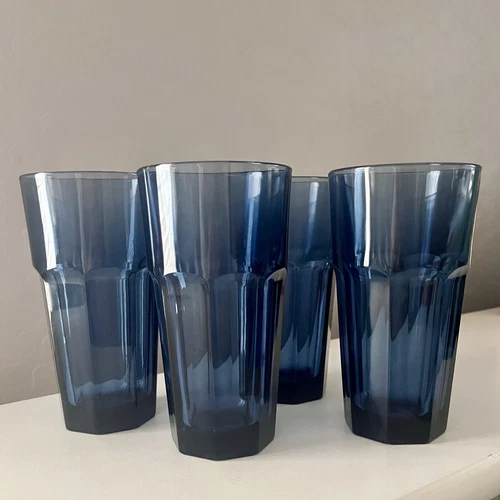 Set of 4 Vintage Libbey Gibraltar Dusky Blue Paneled Tumblers/Coolers 6-1/4” EUC