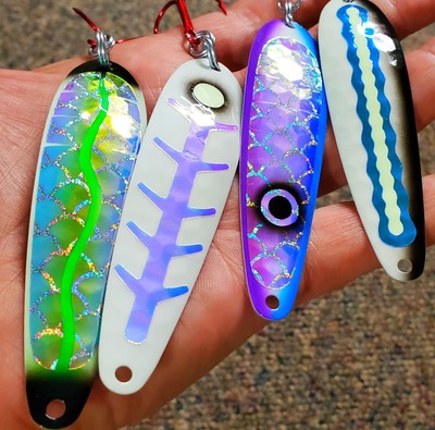 4pc Lot - UV Holo Super Glow Salmon Trolling Spoons Fisher Tackle like moonshine
