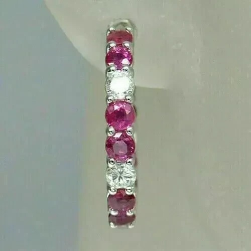 2Ct Round Cut Lab Created Red Ruby Huggie/Hoop Earrings 14k White Gold Plated - Picture 4 of 4