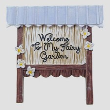Miniature WELCOME TO MY FAIRY GARDEN SIGN with FLOWERS  TIN or METAL ROOF 3.75"