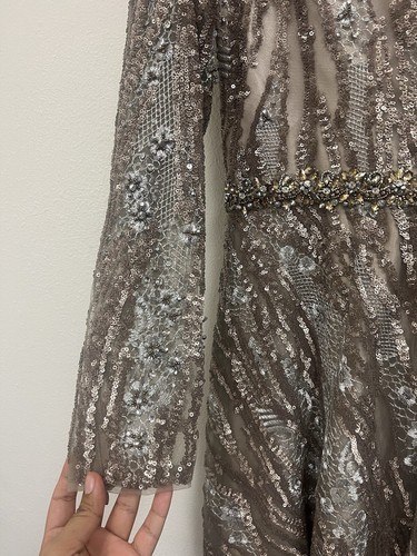 NWT Mac Duggal 79261 Sequined Long Sleeve Bateau A-Line Gown in Mocha Size 8 - Picture 15 of 24