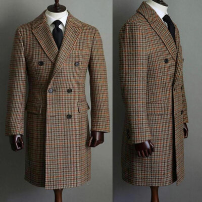 Men's Wool Check Long Overcoat Double-breasted Houndstooth Formal Blazer Jacket 