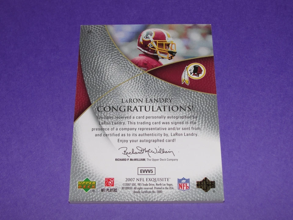 2007 Exquisite LARON LANDRY #89 Rookie Auto/150 Washington REDSKINS - LSU Tigers - Image 2 of 2