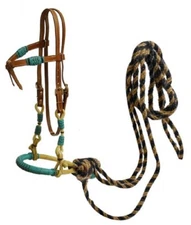 Leather FUTURITY KNOT HEADSTALL w/ Teal RAWHIDE BRAIDED BOSAL Horse Mecate reins