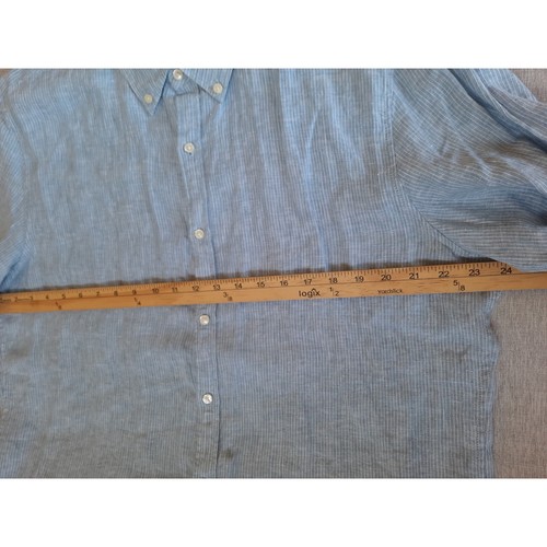 Michael Kors Men XL Pure Linen Pinstripe Slim Fit Canvas Light Blue Button Shirt - Picture 5 of 8