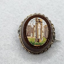 Antique Micro Mosaic Brooch Grand Tour Roman Ruin Brooch Aventurine Glass