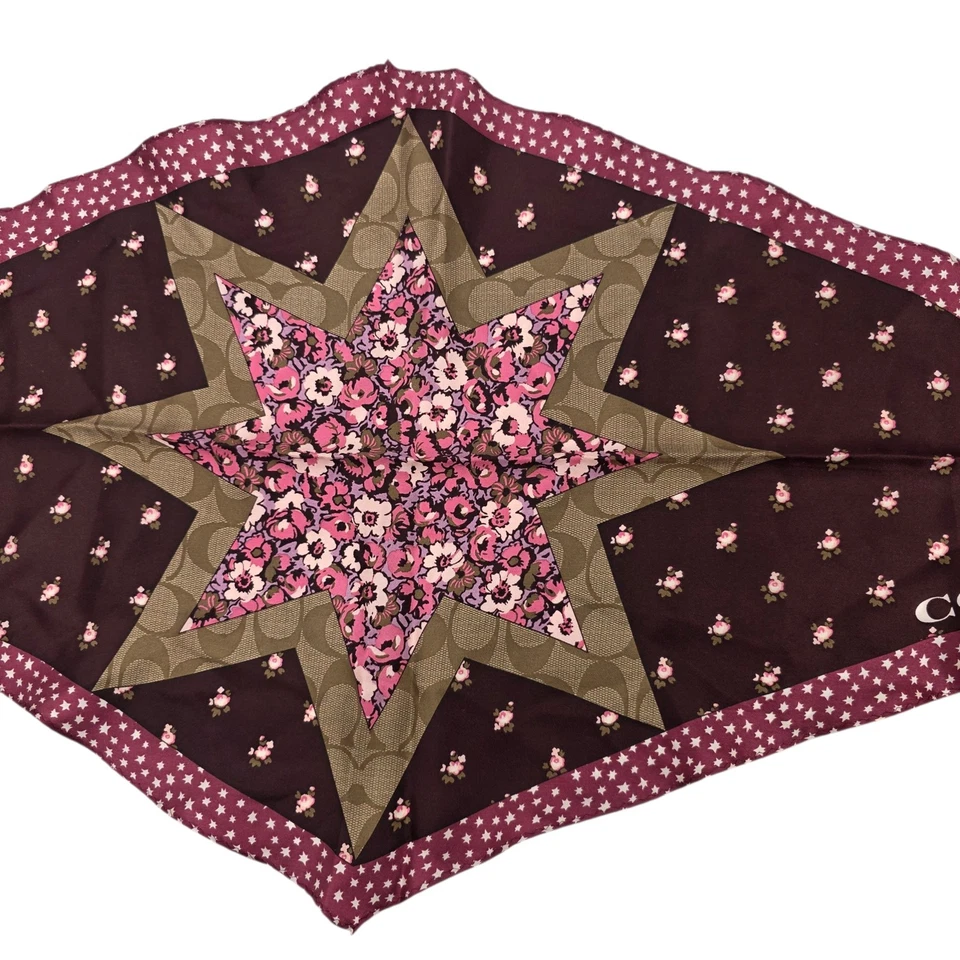 Шарф Coach цветочный пэчворк звезда бордовый розовый оливковый 37x18"" - Изображение 4 из 4