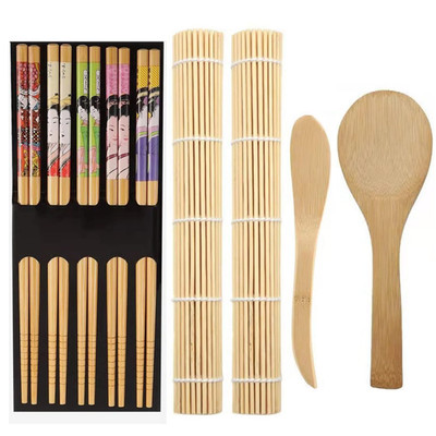 Sushi Set Bambus 9-tlg Rollmatte Essstäbchen Reislöffel Löffel Anfänger Komplet