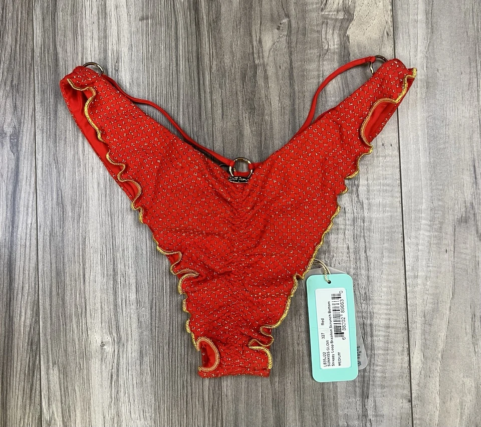 Luli Fama Sunkiss Glow Strappy Loop Brazilian Scrunch Bikini Bottom Medium NEW - Image 2 of 4