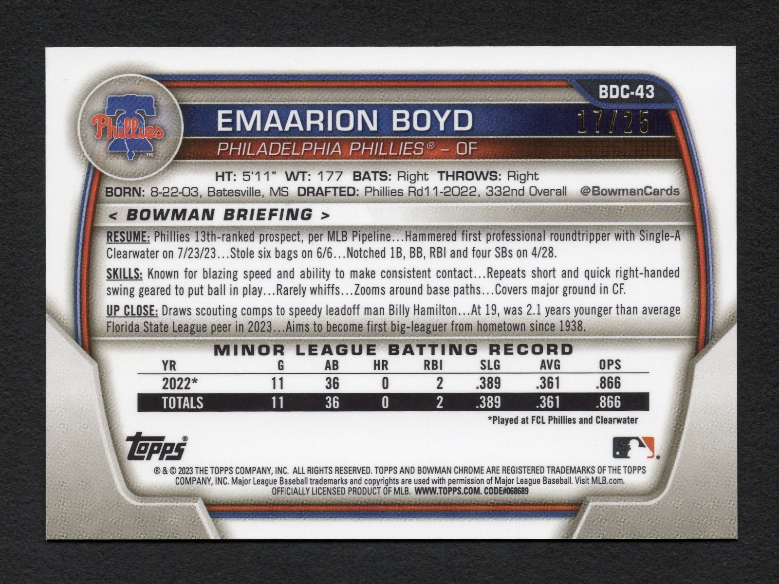 Emaarion Boyd 2023 Bowman Chrome Draft Sapphire Orange Refractor /25 Phillies view 2
