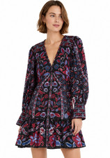 Farm Rio Marcelle Floral Boho Tiered Mini Dress Long Sleeve Sz Small NWT $240