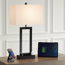 Modern Tall Table Lamp with USB and Outlet Black Metal White Shade Living Room