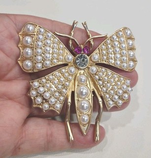 Gold Tone Huge Rhinestone Pearl Butterfly Brooch Pin 3” B3