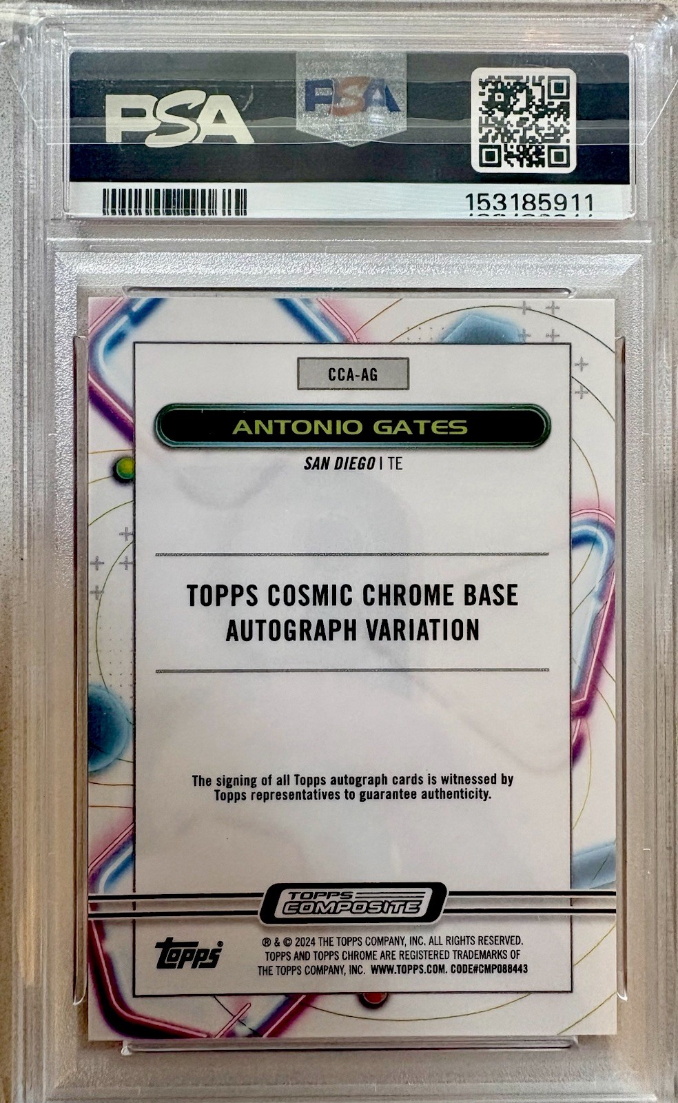 ANTONIO GATES PSA 10 ORANGE /25 AUTO 2023 TOPPS COMPOSITE COSMIC CHROME #AG view 2