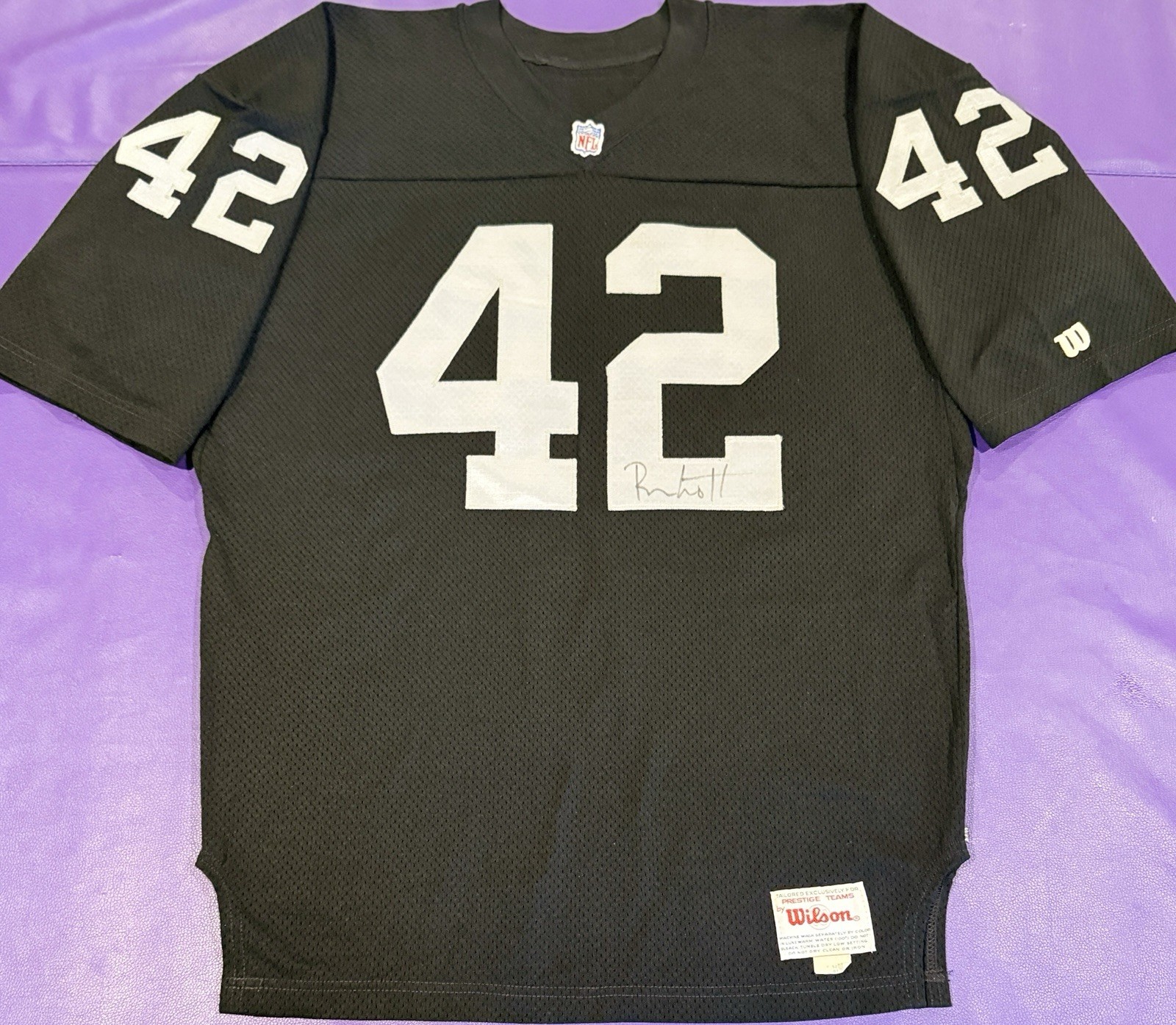 Authentic Ronnie Lott #42 Oakland Raiders Team Issued Signed Wilson Jersey 52