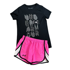 UNDER ARMOUR Black T Shirt Pink Shorts Outfit Girls Medium Active Wear HeatGear