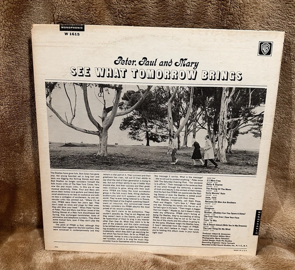 Peter, Paul and Mary 'See What Tomorrow Brings' Vinyl LP W 1615 VG+ Monaural WB - Image 2 of 3