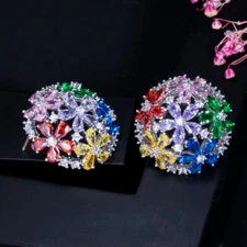 Fancy Multi Color Round Cubic Zirconia Crystal 925 Sterling Silver Stud Earrings