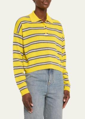 LOEWE Yellow Wool Striped Polo Sweater w/White Logo Patch LOEWE Yellow Wool Striped Polo Sweater w/White Logo Patch