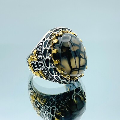 Men Simulated Aqeeq Stone 925 Sterling Silver Ring Turkish Handmade Gift For Him